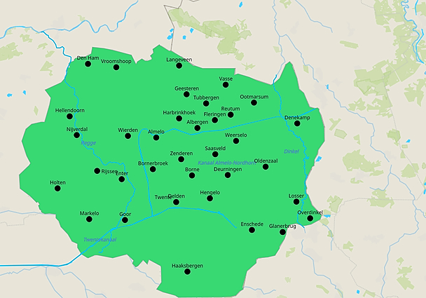 Kaart van Twente met de plaatsen waar Bouwbedrijf Poorthuis actief is. Oldenzaal is gemarkeerd als vestigingsplaats.